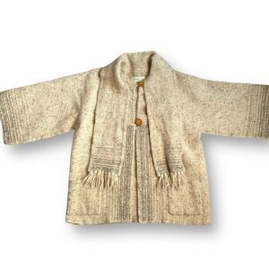 Vintage Shepherds Harvest Knit Wool Cardigan Sweater Oatmeal Fringe Scarf